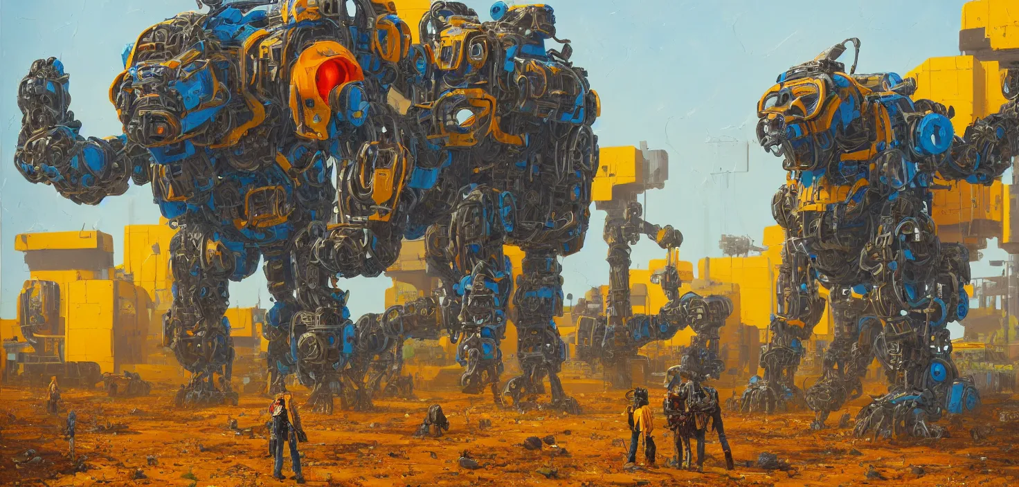 Image similar to an intricate oil painting of a giant south african armored gorilla shaped scrap metal mecha by simon stalenhag, yellow, orange and cyan paint decals