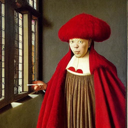 Prompt: portrait of a dramatic parot suffering, painting by Jan van Eyck,