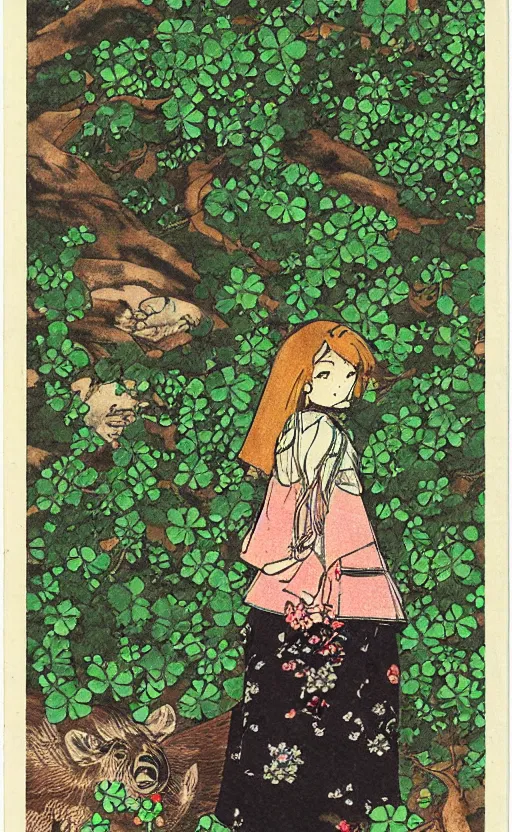 Image similar to by akio watanabe, manga art, girl next to a boar in the forest and clovers, trading card front, kimono, realistic anatomy