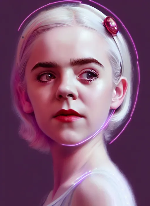 Image similar to portrait of kiernan shipka as sabrina spellman, white hair, 1 9 6 0 s hairstyle, hairband, intricate, elegant, glowing lights, highly detailed, digital painting, artstation, concept art, smooth, sharp focus, illustration, art by wlop, mars ravelo and greg rutkowski