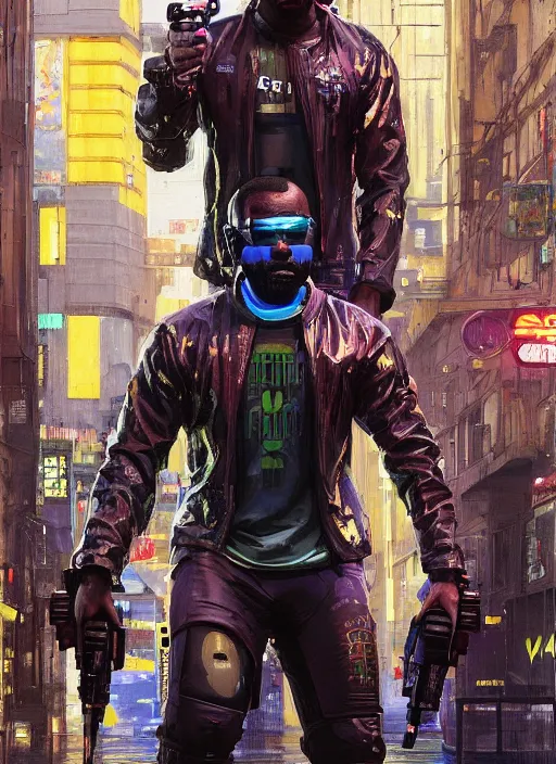 Image similar to Chidi Igwe. Buff Cyberpunk policeman with robotic legs and plastic raincoat. Patrolling rainy city streets. (Cyberpunk 2077, bladerunner 2049). handsome face. Iranian orientalist portrait by john william waterhouse and Edwin Longsden Long and Theodore Ralli and Nasreddine Dinet, oil on canvas. Cinematic, vivid colors, hyper realism, realistic proportions, dramatic lighting, high detail 4k