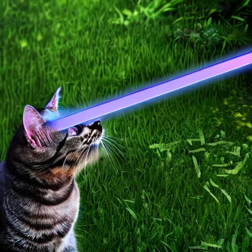 Prompt: Cat playing with a lightsaber in the garden, raytracing, very realistic, 4k