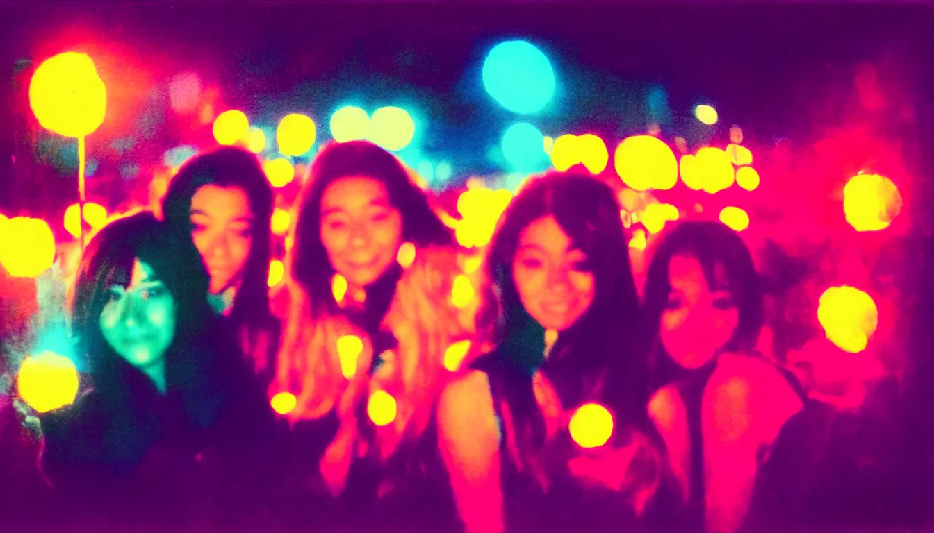 Prompt: colorful instant photograph girls night out in a city at night, polaroid, light leak, raw, nostalgic