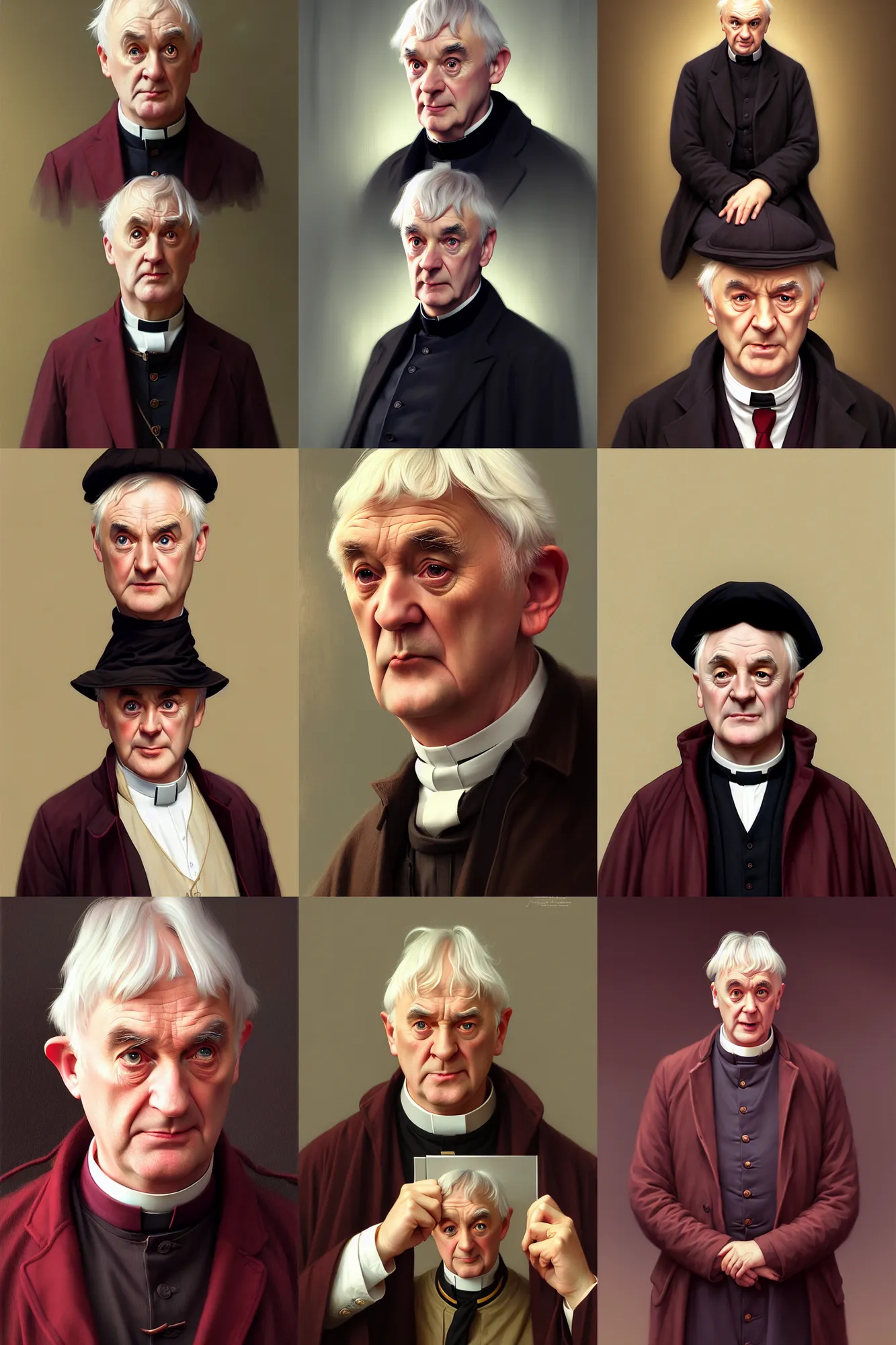 Prompt: depiction of tv show character father ted, illustration by mandy jurgens and william adolphe bouguereau, artgerm, 4 k, digital art, surreal, highly detailed, artstation, digital painting, concept art, smooth, sharp focus, illustration by mandy jurgens and william adolphe bouguereau