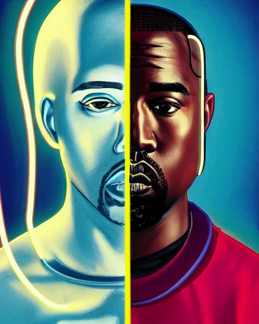 Image similar to kanye west as future coder man looking on, sleek cyclops display over eyes and sleek bright headphoneset, neon accent lights, holographic colors, desaturated headshot portrait digital painting by dean cornwall, rhads, john berkey, tom whalen, alex grey, alphonse mucha, donoto giancola, astronaut cyberpunk electric