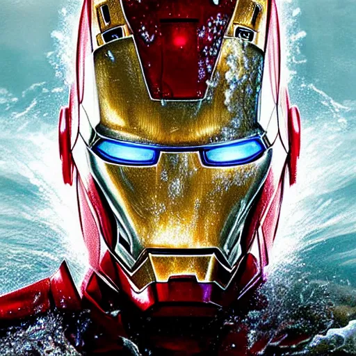 Image similar to photorealistic shockingly amazing portrait of Iron man submerged in water extremely detailed, made by wlop and maxwell boas