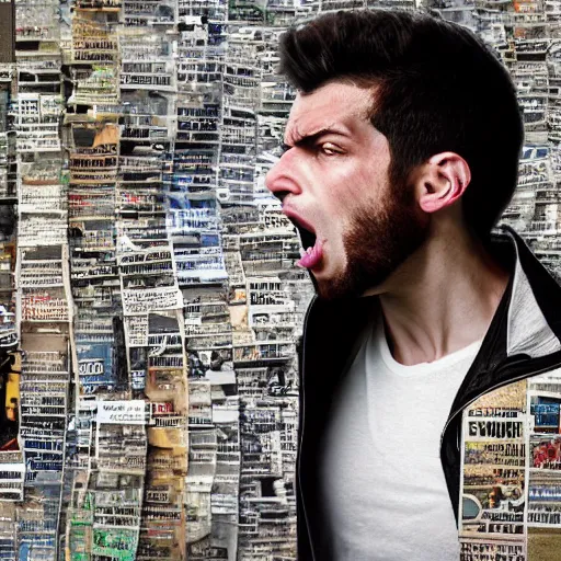 Image similar to a professional photographic collage made of ripped magazines of a young angry man furious in the middle of street, high definition, highly detailed, photo-realistic, unreal engine render, 16k