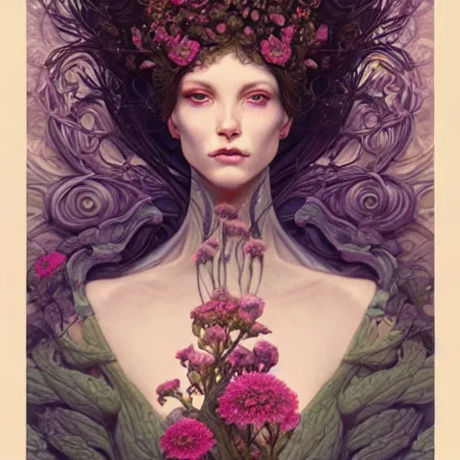 Image similar to a beautiful detailed front view portrait of a woman with ornate growing around, ornamentation, flowers, elegant, beautifully soft lit, by wayne barlowe, peter mohrbacher, kelly mckernan,