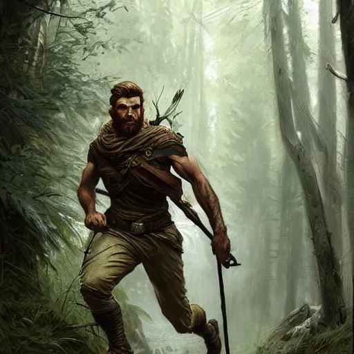 Image similar to Rugged male ranger running through the forest, masculine, D&D, muscular, fantasy, intricate, elegant, highly detailed, digital painting, artstation, concept art, smooth, sharp focus, illustration, art by artgerm and greg rutkowski and alphonse mucha