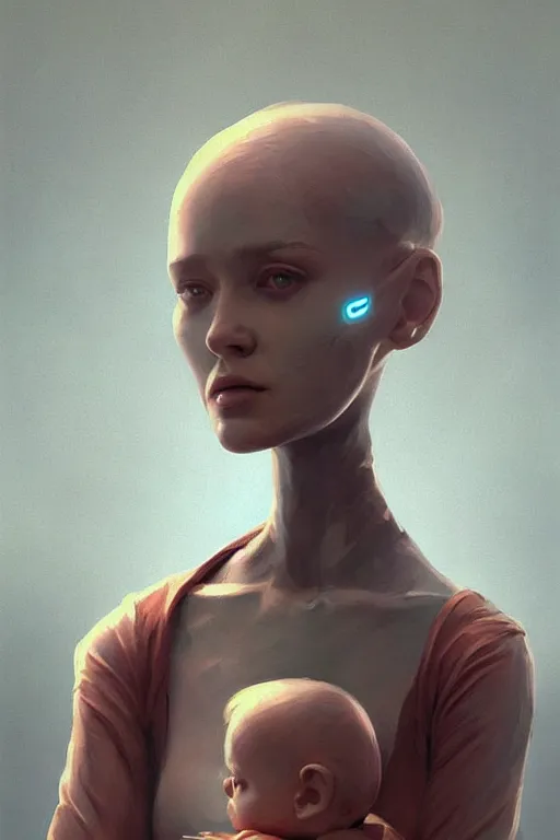 Image similar to female robot portrait, holding young baby, dystopian, digital painting, sculpted in zbrush, artstation, concept art, sharp focus, illustration, chiaroscuro lighting, golden ratio, rule of thirds, incredible art by artgerm greg rutkowski wlop simon stalenhag