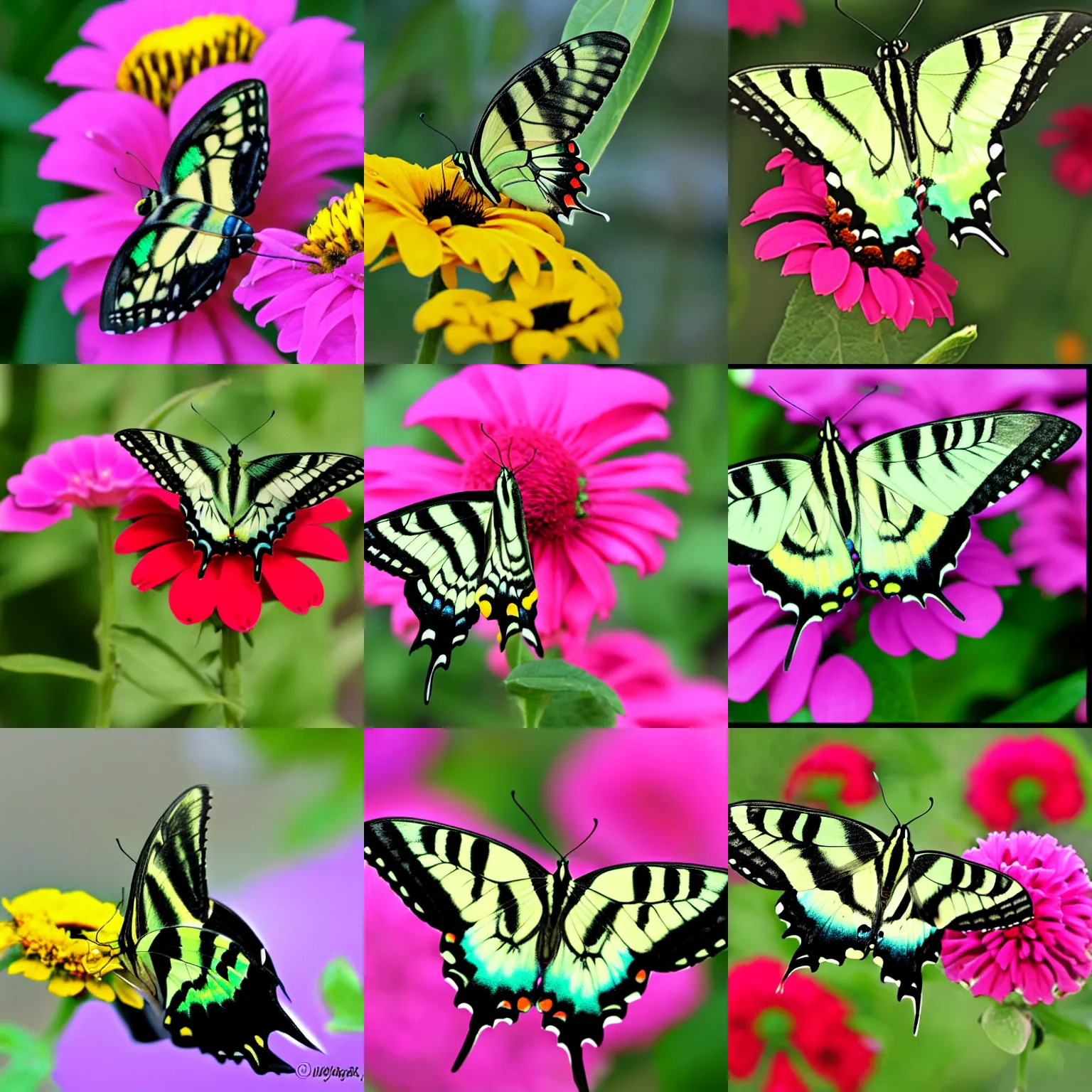 Prompt: a green tiger swallowtail on a zinnia