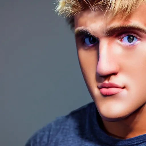 Image similar to a realistic detailed photo of boxer & youtuber jake paul as a humanoid robot, blank stare, shiny skin