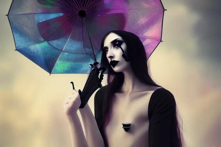 Image similar to surreal Portrait of beautiful goth woman with transparent umbrella in dmt chromatic surreal enviroment, elegant, highly detailed, smooth, photoreal, sharp focus, illustration, beautiful, geometric, dmt trending on artstation, cinematic, artwork by WLOP