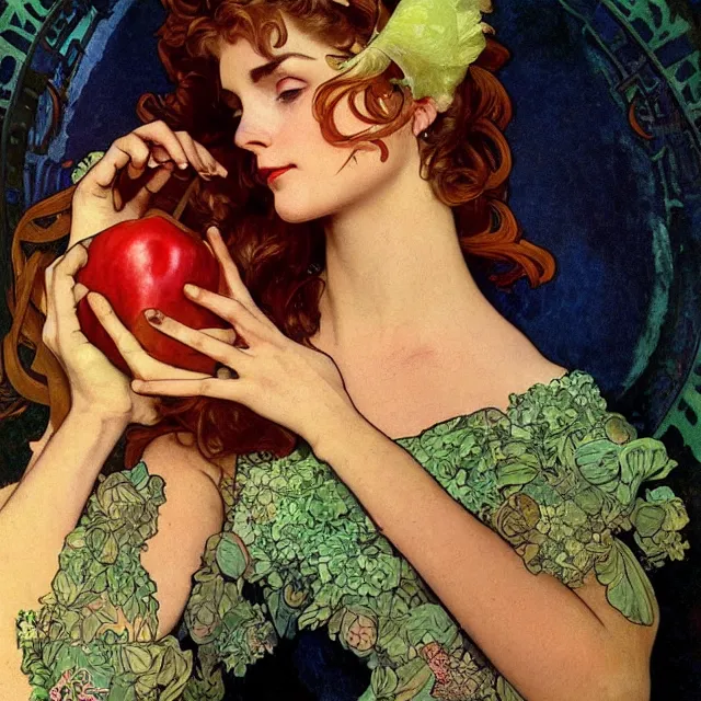 Image similar to an aesthetic! detailed close - up portrait of an aesthetic woman, face covered, holding an apple, by frank frazetta and alphonse mucha, oil on canvas, bright colors, art nouveau, epic composition, dungeons and dragons fantasy art, hd, god - rays, ray - tracing, crisp contour - lines, huhd - 8 k