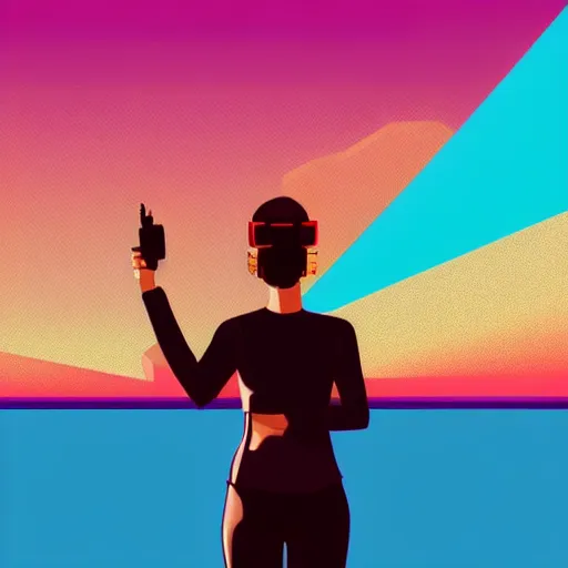 Image similar to a woman with light blue shutter shades in front of a sunset, a dark brown leather jacket, vector art by jan tengnagel, pixabay contest winner, retrofuturism, retrowave, synthwave, outrun, portrait,