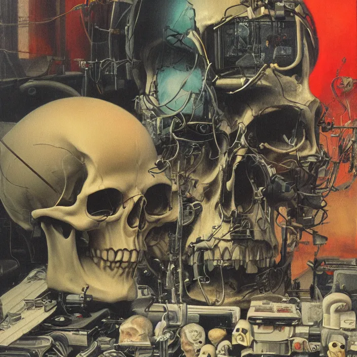 Prompt: pensive skull observing 8 0's era technology, vintage shapes, retro technology, vintage color, wayne barlow, oil on canvas, deep depth of field, masterpiece, cinematic composition, hyperdetailed