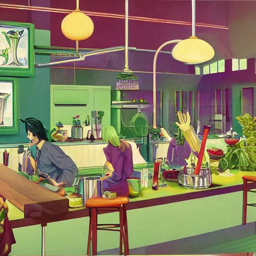 Prompt: cannabis lab cafe colorful whimsical fantasy kitchen by rembrant, battle angel alita, ralph mcquarrie, chiho aoshima