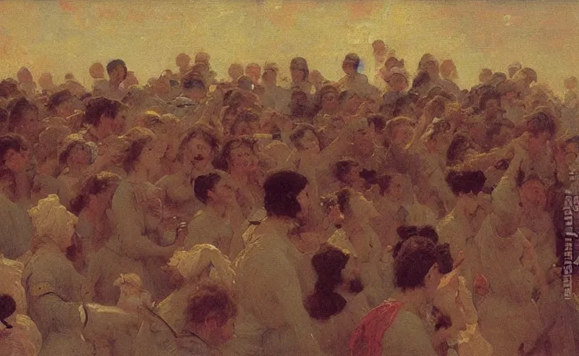 Prompt: high quality high detail painting by ilya repin, a long row of people extending through infinity, hd