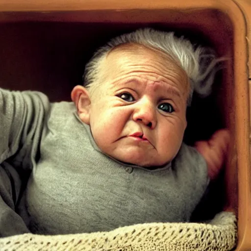 Prompt: chubby baby with wrinkles and grey hair. Photo by Annie Leibovitz