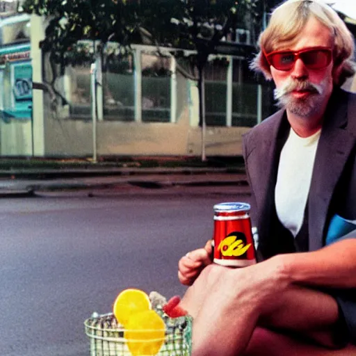 Prompt: hugh hopper on a street corner eating sipping diet pepsi, oranges at his feet