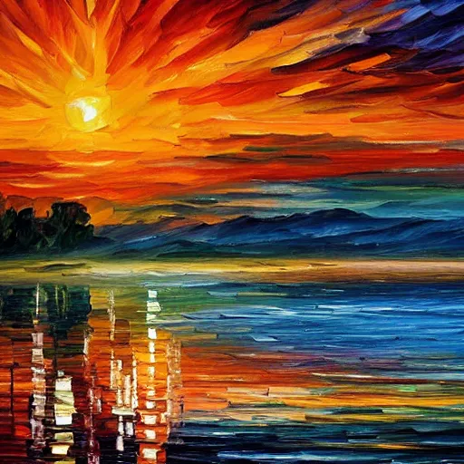 Image similar to sunset on the lake, by leonid afremov