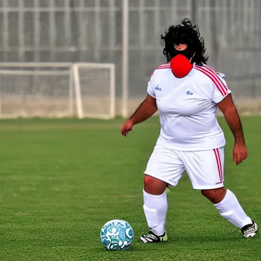 Prompt: overweight kurdish soccer player with face mask and great hair