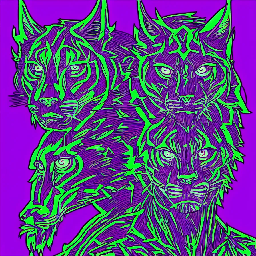 Image similar to a maximalist very detailed antropomorphic humanoid android with a head of a lynx. lowbrow blacklight color palette. artwork by subjekt zero