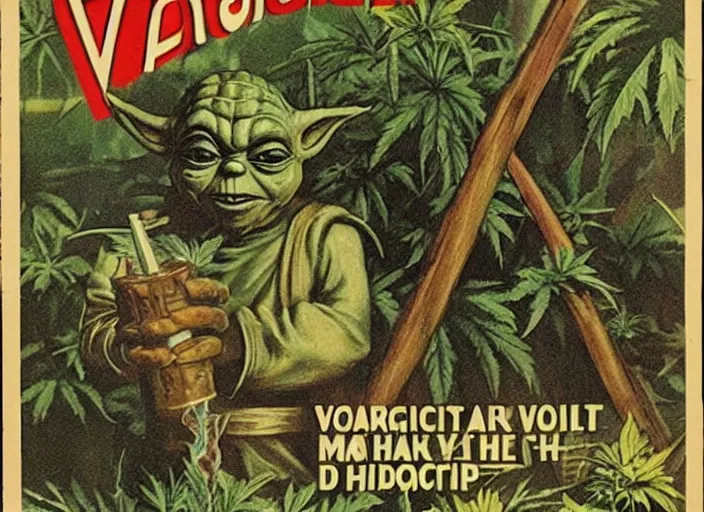 Image similar to vintage travel advertisement dagobah, of yoda smoking a huge joint, surrounded by cannabis plants