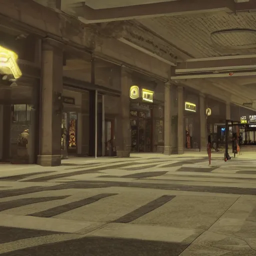 Image similar to empty mall at night, realistic, highly detailed, hd, unreal engine, guillermo del toro