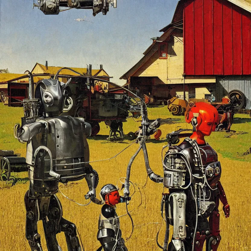 Prompt: portrait painting of a robot made of shiny reflective chrome in front of a barn and farm, painted by norman rockwell. agricultural scene. pulp sci - fi art for omni magazine. high contrast. dark background. baroque period, oil on canvas. renaissance masterpiece. trending on artstation. retrofuturism.