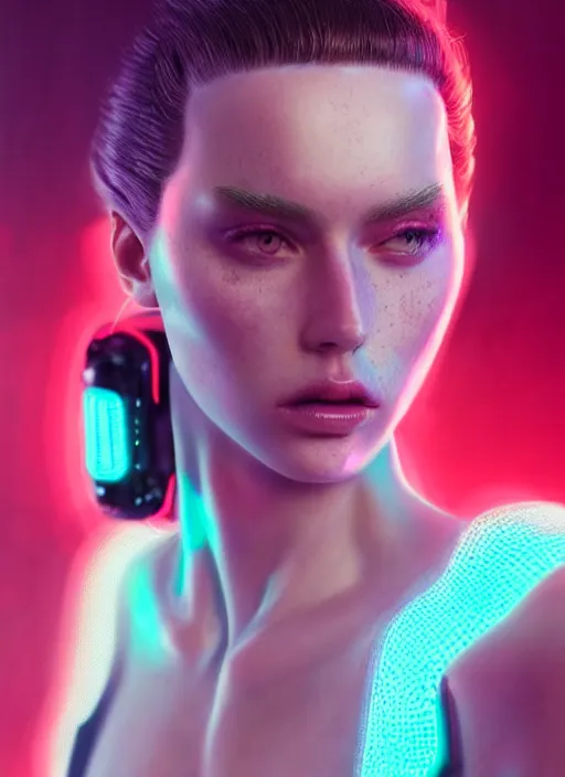 Prompt: a sensual caucasian female humanoid with freckles, cyber neon lighting, futurism, intricate futuristic jewelry accessories, cyberpunk latex swimsuit, profile posing, hyper photorealistic, crispy quality, digital photography, trending in artstation, trending in pinterest, cinematic, 4 k ultra hd, art by pascal blanche, art by greg rutkowski,