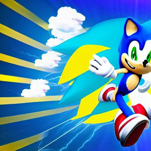 Image similar to sonic the hedgehog, running on a cloud, with a unicorn on his head