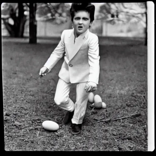 Image similar to historical footage of elvis on an easter egg hunt on easter sunday, 1 9 3 0 s, photorealistic, photo