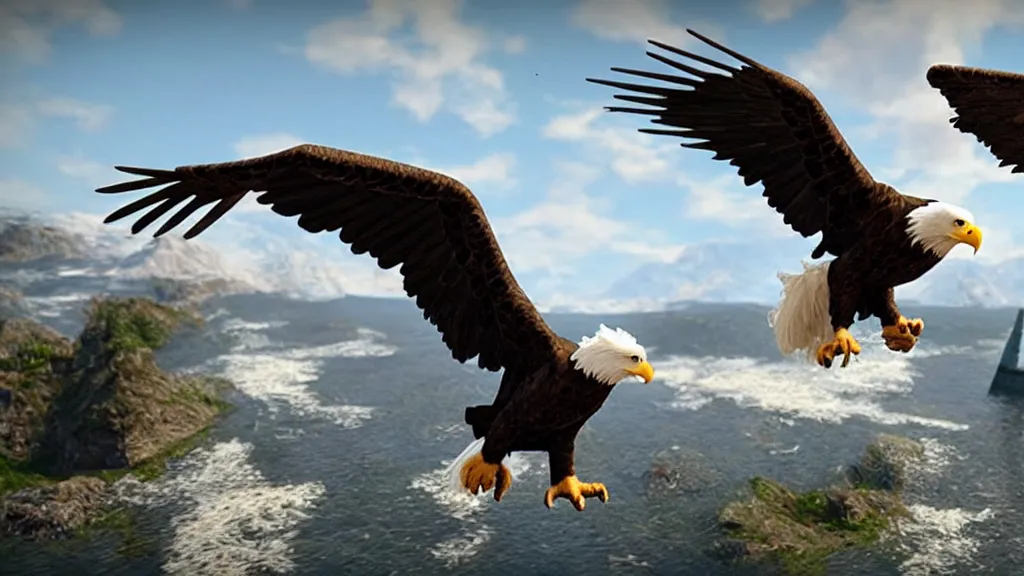 Image similar to a dog a bald eagle and a trident, patriotic, unreal engine