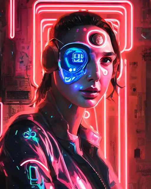 Image similar to detailed portrait Gal Gadot Neon Operator Girl, cyberpunk futuristic neon, reflective puffy coat, decorated with traditional Japanese ornaments by Ismail inceoglu dragan bibin hans thoma greg rutkowski Alexandros Pyromallis Nekro Rene Maritte Illustrated, Perfect face, fine details, realistic shaded, fine-face, pretty face