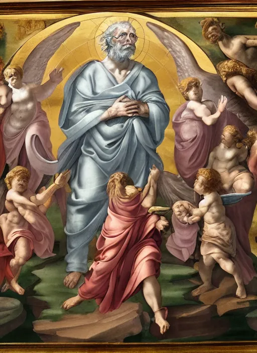 Image similar to A beautiful fresco of Bernie Sanders as God by Michelangelo, golden rays, clouds and Alexandria Ocasio-Cortez as a cherub with wings