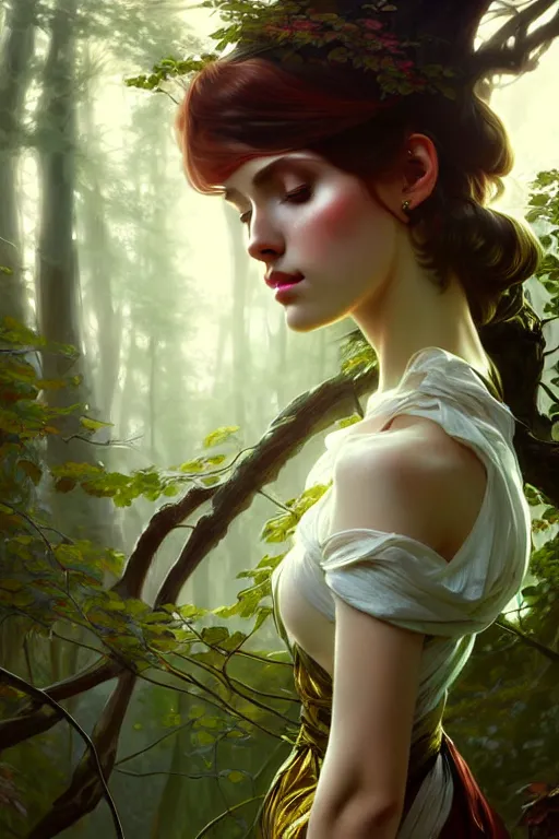 Image similar to beautiful digital painting of a stylish female forest with high detail, 8 k, stunning detail, works by artgerm, greg rutkowski and alphonse mucha, unreal engine 5, 4 k uhd