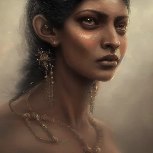 Image similar to portrait of a srilankan woman, dreamy, fantasy, pain, intricate, elegant, highly detailed, digital painting, artstation, concept art, matte, sharp focus, illustration, octane render, unreal engine, art by aenaluck and roberto ferri and greg rutkowski, epic fantasy, digital painting