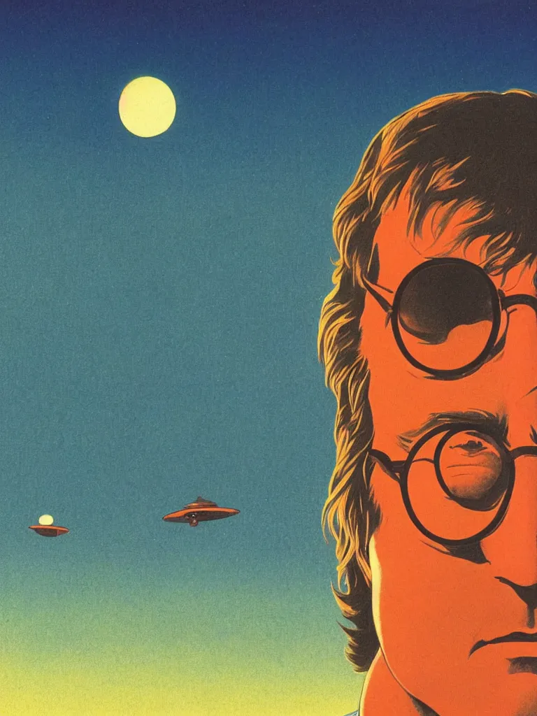 Prompt: a closeup portrait of john lennon next to a ufo, taking mind altering drugs, a blotter paper of lsd acid and dreaming psychedelic hallucinations in a vast desert landscape, by kawase hasui, moebius, edward hopper, colorful flat surreal design, dramatic lighting, hd, 8 k, artstation