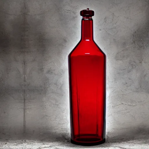Prompt: an award - winning photo of a red translucent glass vodka bottle in the style of a propane cylinder in a grungy warehouse, drammatic lighting, sigma 5 0 mm, ƒ / 8, behance