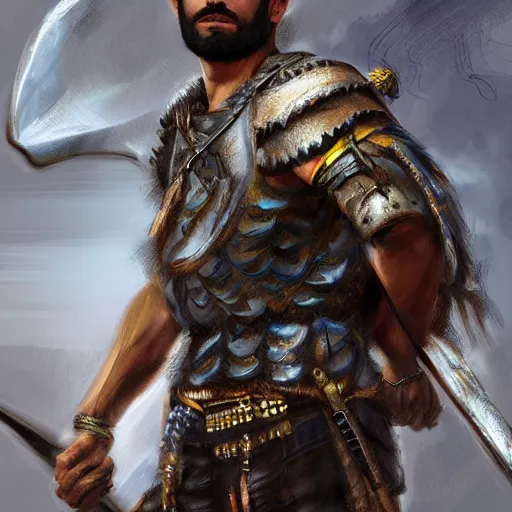 Image similar to kurdish male warrior, highly detailed, digital painting, artstation, concept art, sharp focus, illustration, incredibly strong and handsome