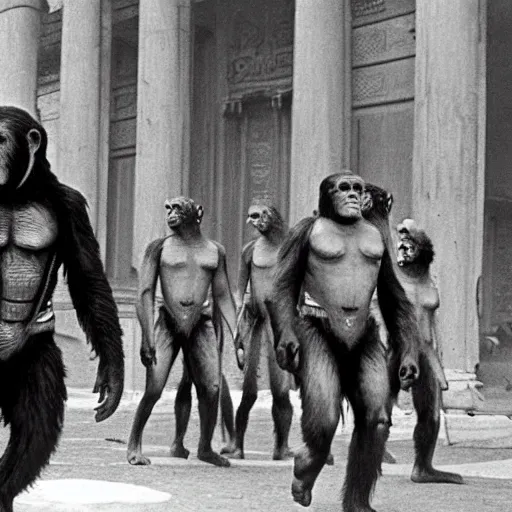 Prompt: still of planet of the apes 1 9 6 8, in cibeles, madrid city