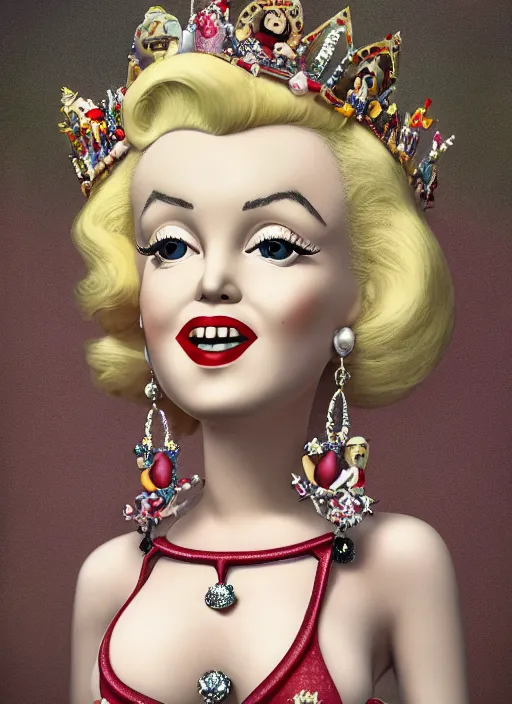 Prompt: closeup face profile portrait of tin toy marilyn monroe as a fairytale princess wearing a crown eating cakes, bikini, depth of field, zeiss lens, detailed, symmetrical, centered, fashion photoshoot, by nicoletta ceccoli, mark ryden, lostfish, breathtaking, 8 k resolution, extremely detailed, beautiful, establishing shot, artistic, hyperrealistic, octane render