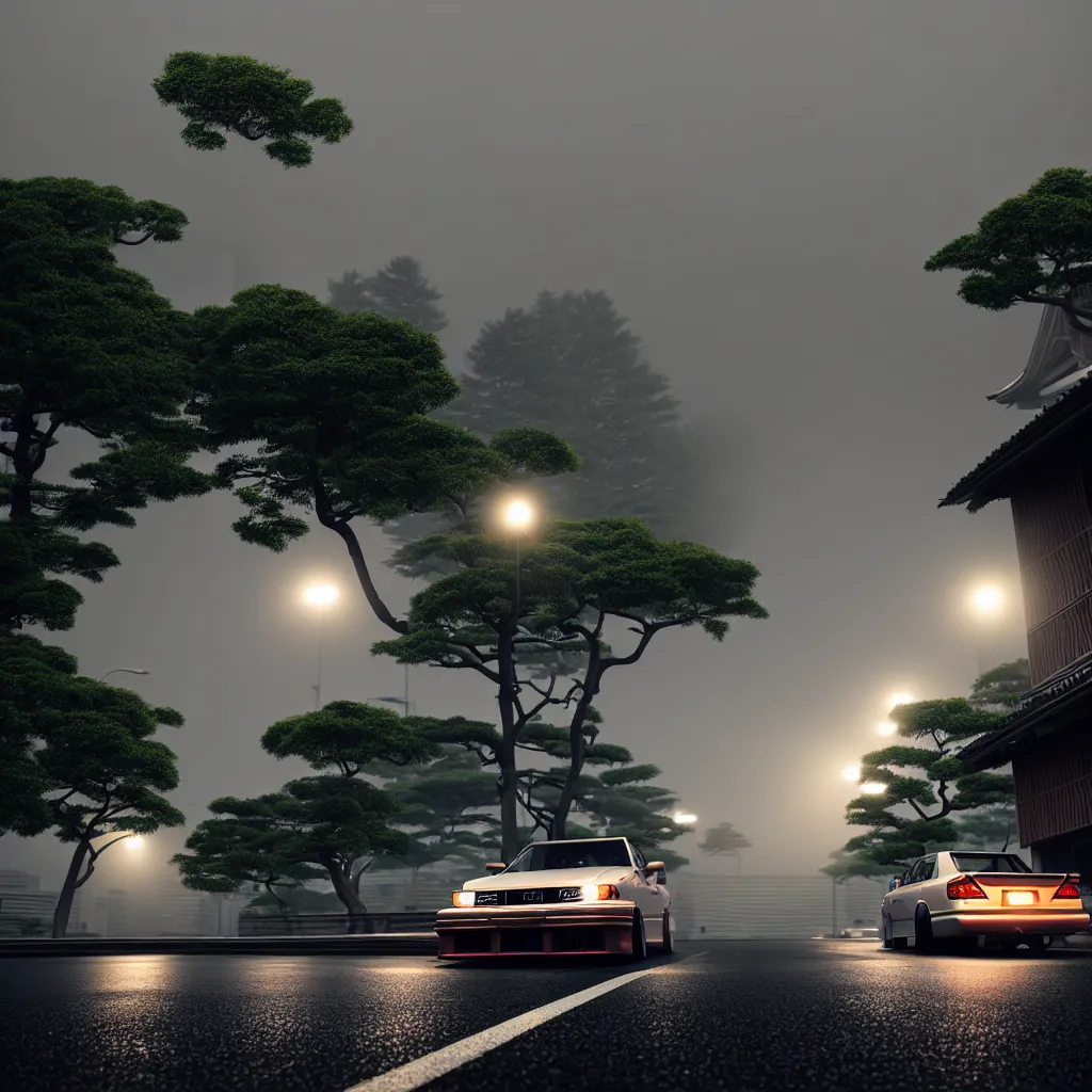 Image similar to car in center JZX100 twin turbo drift on a road, surrounded by trees and buildings in Tokyo prefecture, rooftops are Japanese architecture, city at sunset heavy mist over streetlights, cinematic lighting, photorealistic, detailed wheels, highly detailed, octane render