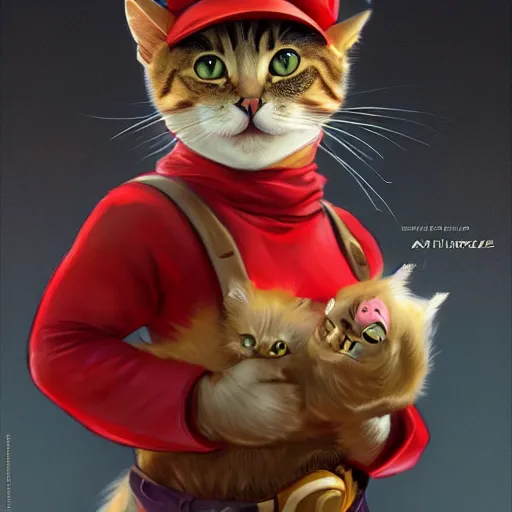 Prompt: Cat as Super Mario, highly detailed, digital painting, artstation, concept art, smooth, sharp focus, illustration, art by artgerm and greg rutkowski and alphonse mucha