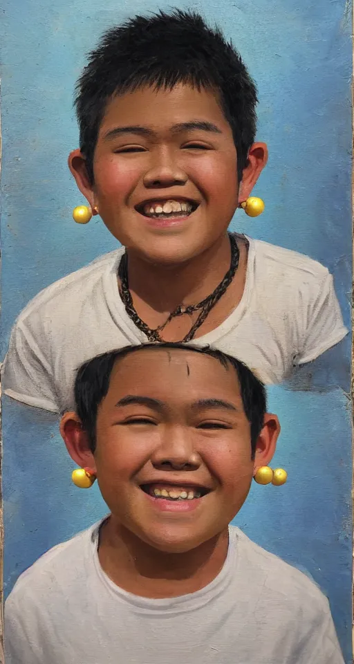 Image similar to oil portrait of one teenage chubby filipino boy smiling with crooked teeth, with a curly perm, and with small studded earings, 4 k, photorealistic, high detail