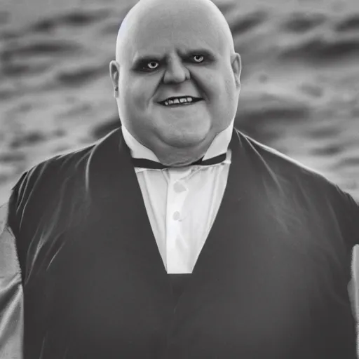 Image similar to b & w photo of fester addams at the beach