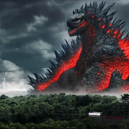 Image similar to godzilla attacking fukushima daiichi unit 4, dramatic lighting