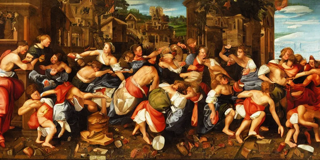 Prompt: an renaissance oil painting depicting customers fighting over toiletpaper, lots of toiletpaper , masterpiece, detailed oil painting, historical, battle