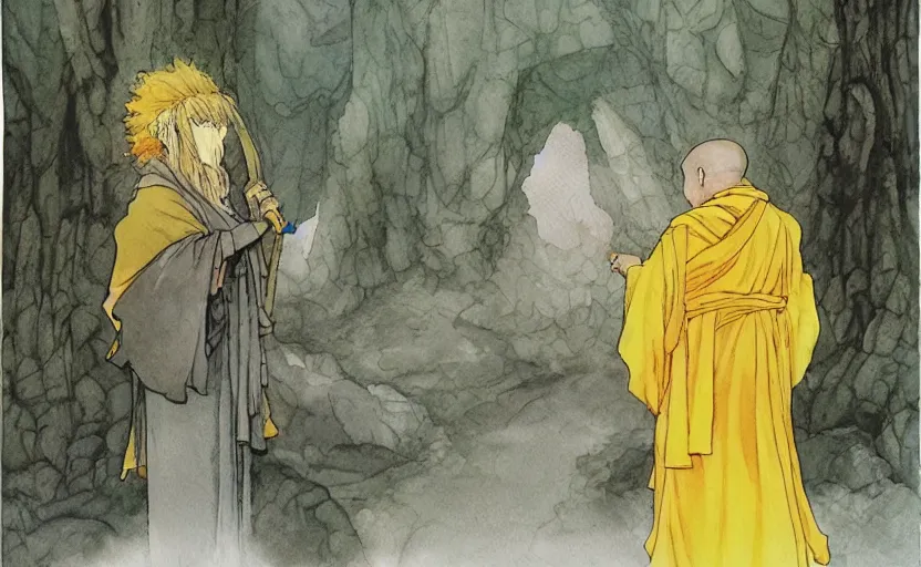 Image similar to a hyperrealist anime watercolor fantasy concept art of a giant monk with a grey robe and a small druid with a yellow robe in stonehenge on a misty night. several immense stones are floating in the air. by rebecca guay, michael kaluta, charles vess